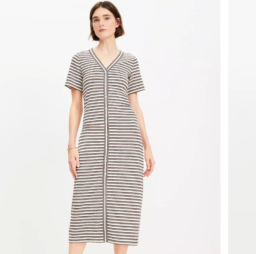 LOFT White Rust Black Striped Ribbed Button Front Short Sleeve Knit Shift Dress